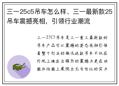 三一25c5吊车怎么样、三一最新款25吊车震撼亮相，引领行业潮流